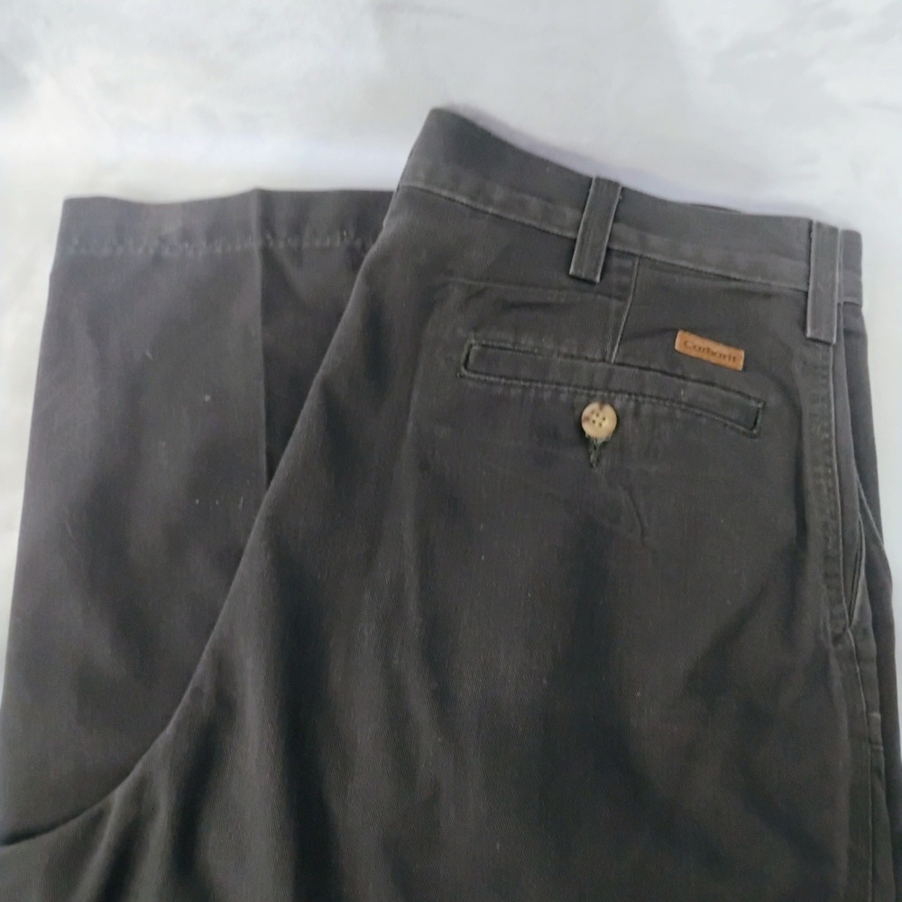 Vtg Carhartt Mens Pleated Canvas Work Pants Dark Olive Gray 34x32 Cotton Chino Y